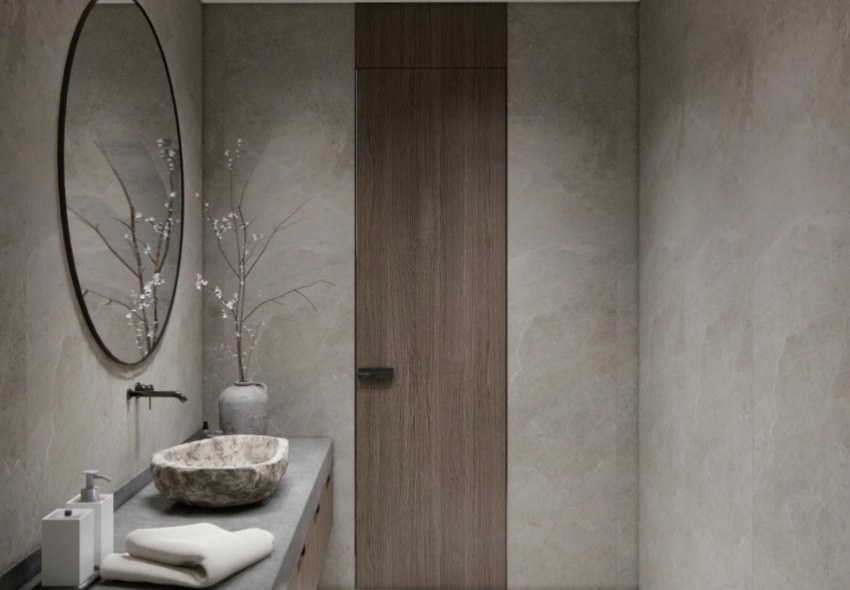 Trioflor marble pattern SPC bathroom wall panel installation effect