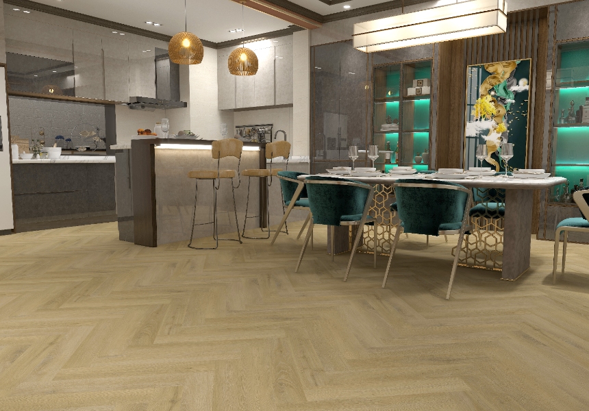 How does herringbone SPC flooring amplify spatial perception?